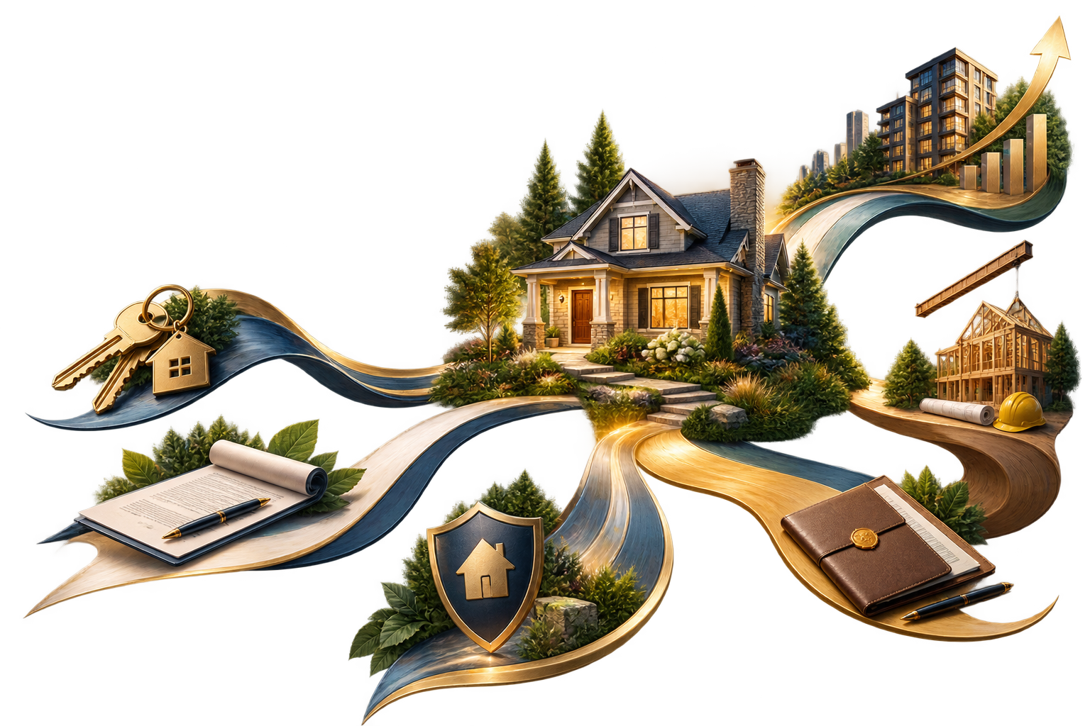 A welcoming home at the center of the housing decision journey, connected to buying, closing, building, owning, and investing
